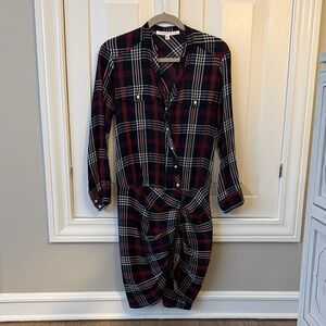 Veronica Beard Navy and Red Plaid Long Sleeve Dress